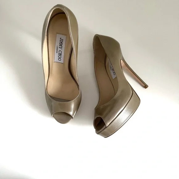 Jimmy Choo Crown Beige Khaki Patent Leather Peep Toe Platform Heels size 5.5 - Picture 4 of 16